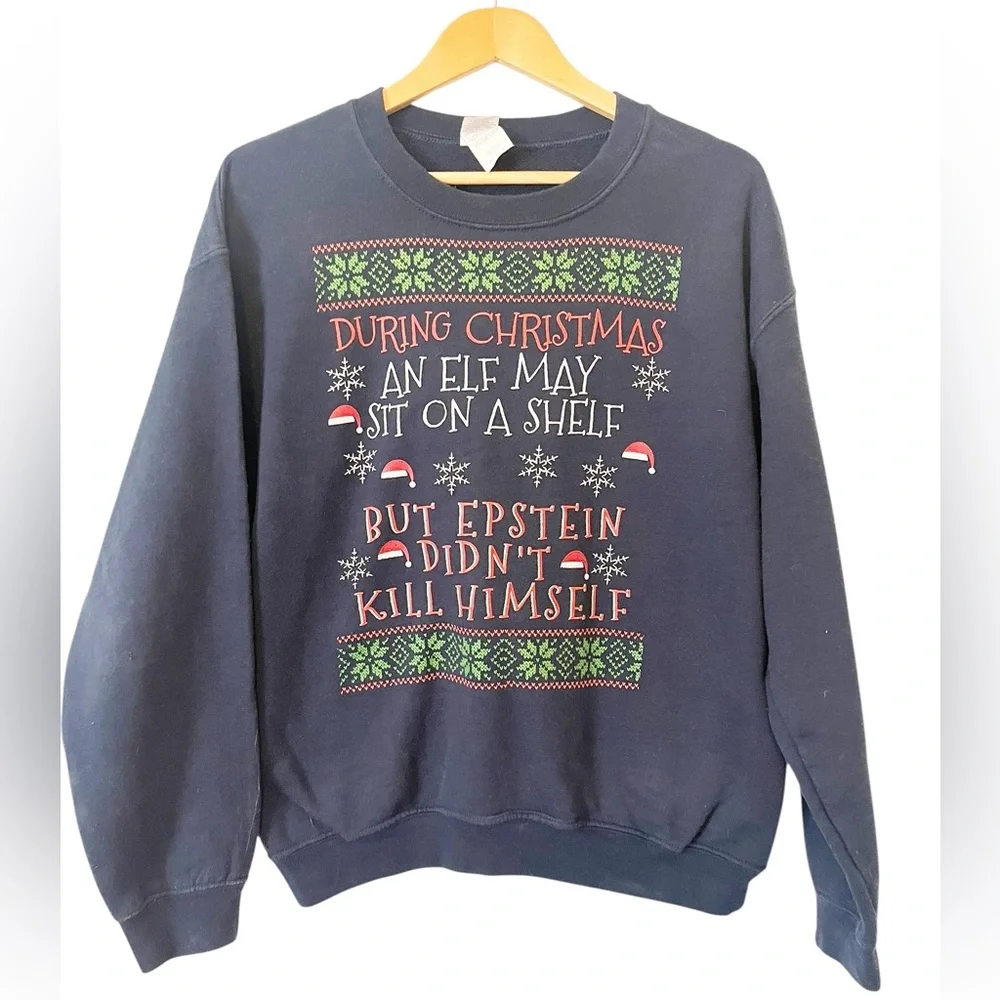 Gildan Navy‎ Blue Ugly Christmas Epstein Funny Crewneck Sweatshirt Size Medium